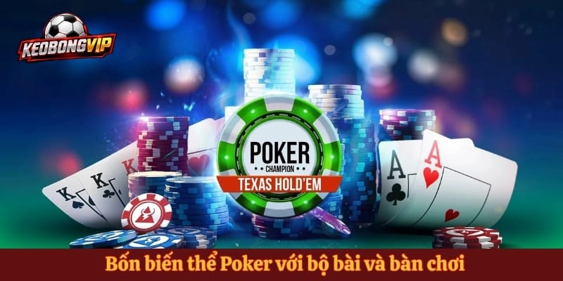 Bốn biến thể Poker với bộ bài và bàn chơi được trình bày trực quan