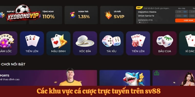 Các khu vực cá cược trực tuyến trên sv88
