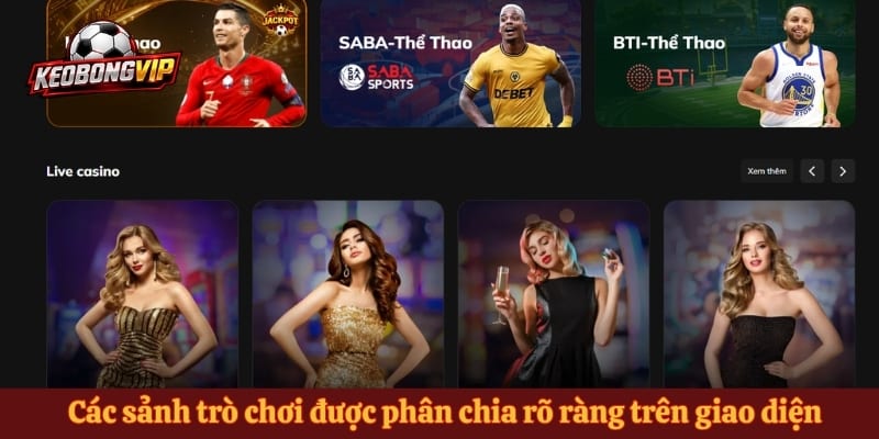 Các sảnh trò chơi được phân chia rõ ràng trên giao diện