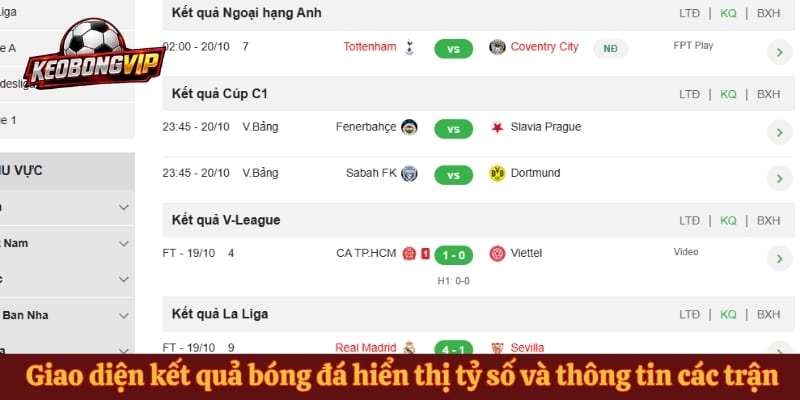Giao diện kết quả bóng đá hiển thị tỷ số và thông tin các trận đấu