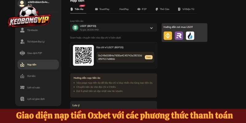 Giao diện nạp tiền Oxbet với các phương thức thanh toán 
