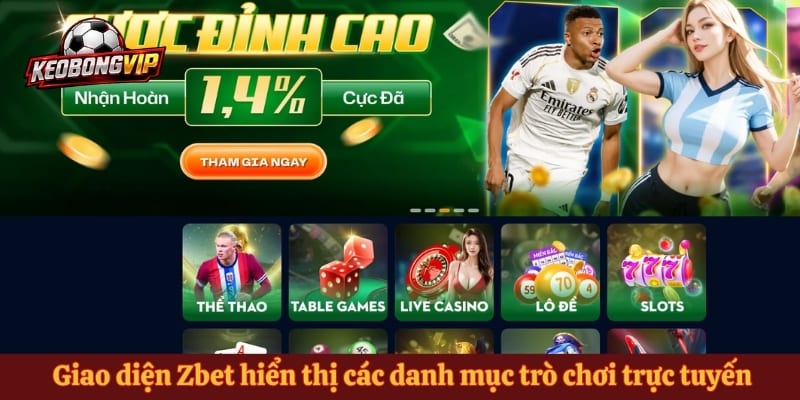 Giao diện Zbet hiển thị các danh mục trò chơi trực tuyến phổ biến
