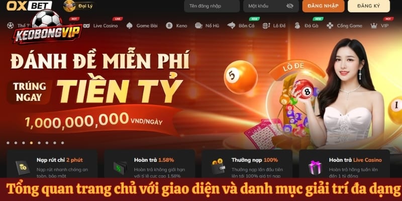 Tổng quan trang chủ với giao diện và danh mục giải trí đa dạng